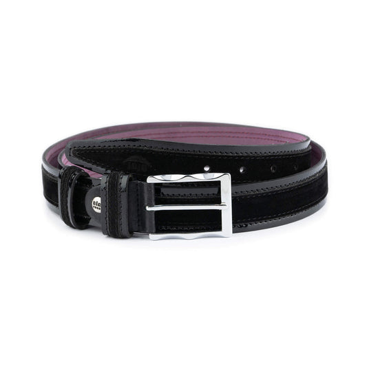 Mens Luxury Belt Black Suede Patent Leather 3.5 cm