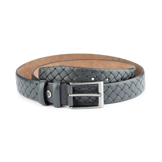 Mens Luxury Belt Gray Check Emboss Leather 3.5 cm