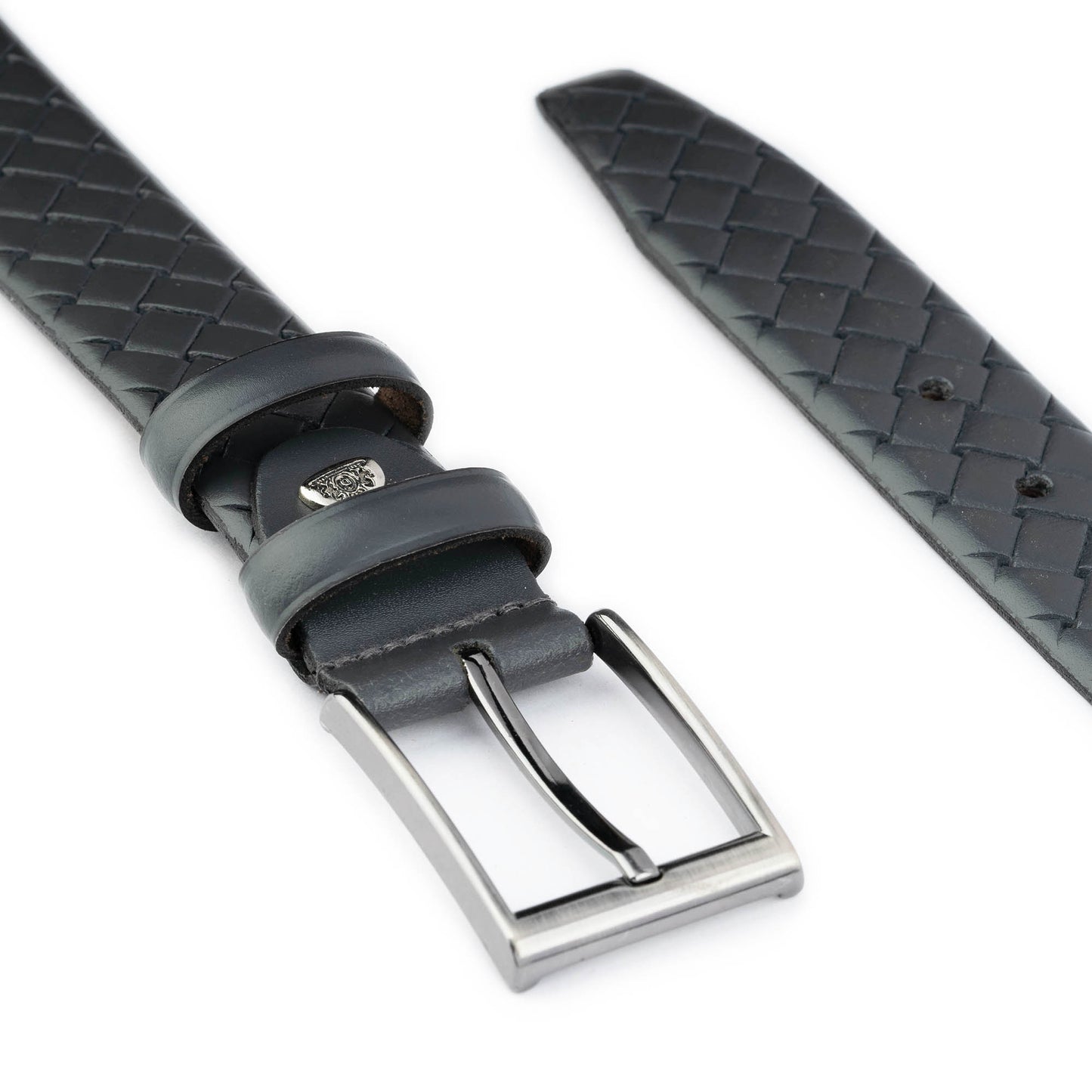 Mens Luxury Belt Gray Check Emboss Leather 3.5 cm