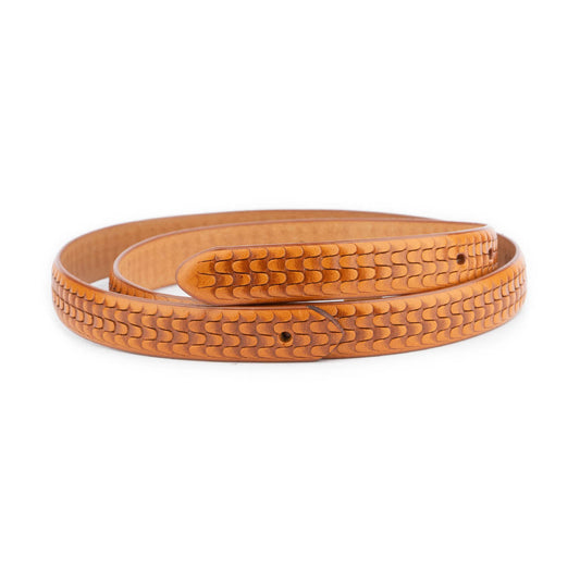 Light Brown Embossed Belt Strap Thin Leather Pre-made Hole For Montblanc Mens Buckle
