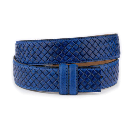 Blue Woven Embossed Belt Strap For Designer Dunhill Buckles Real Leather