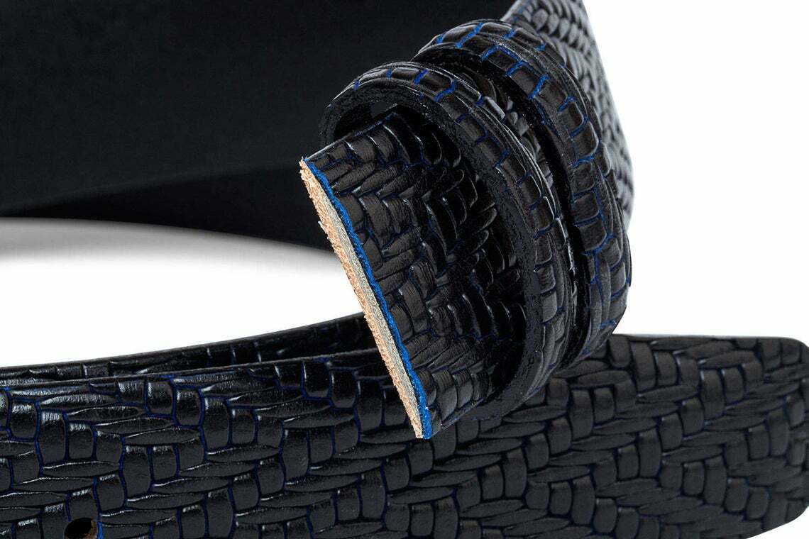 Luxury Black Leather Belt Strap For Ferragamo Buckles Woven Embossed Blue 35mm