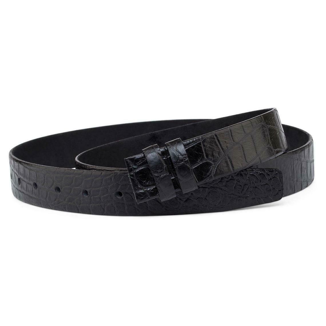 Black Croco Embossed Leather Belt Strap Thin Mens Womens Emboss Italian 1 Inch