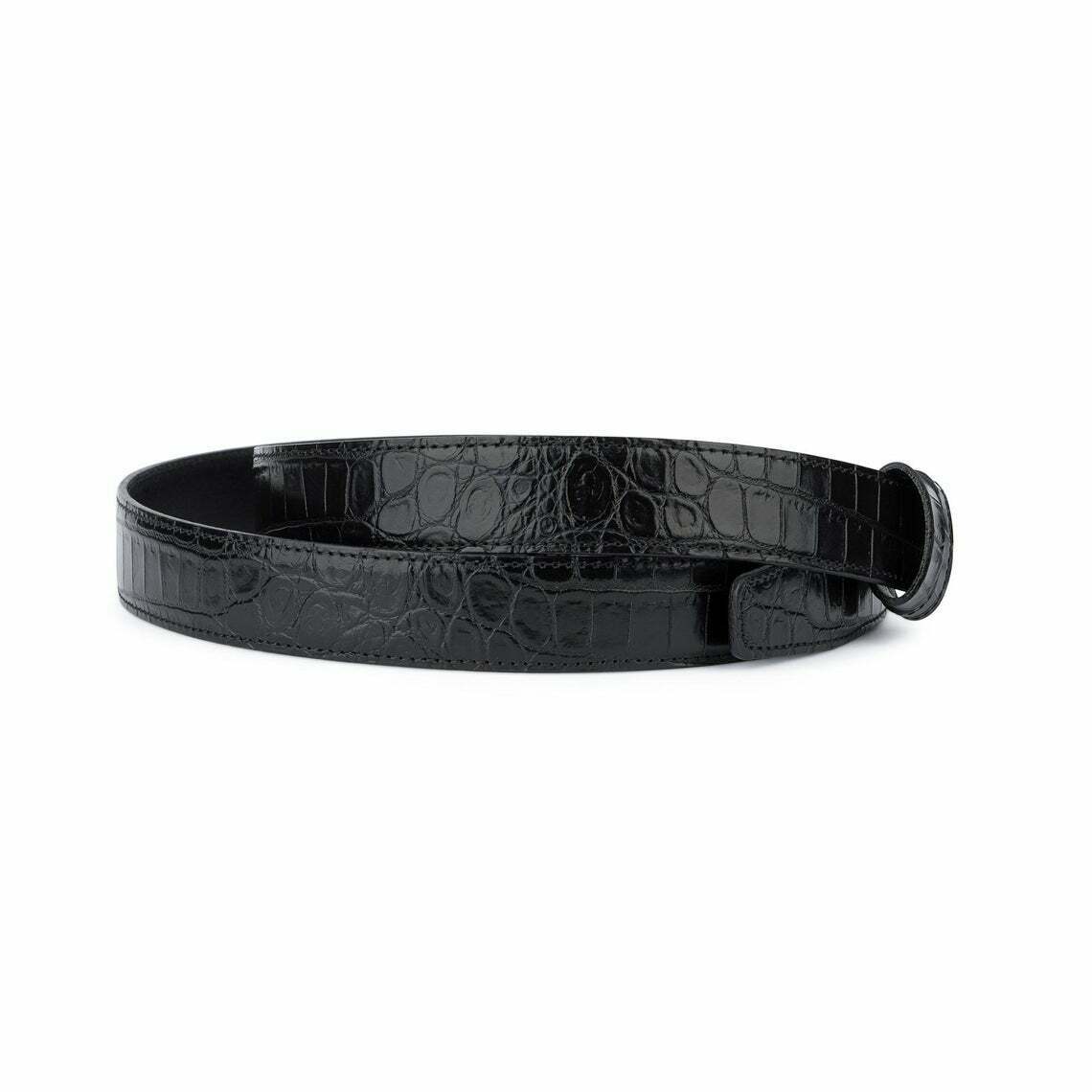 Black Croco Embossed Leather Belt Strap For Ferragamo Thin Mens Croc 1 1/8 Inch