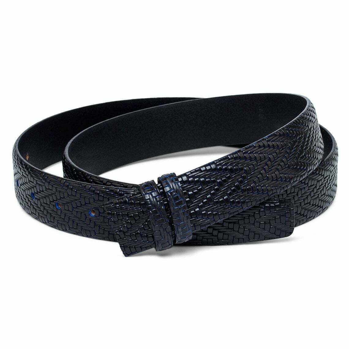 Luxury Black Leather Belt Strap For Dunhill Buckles Woven Embossed Blue 35mm