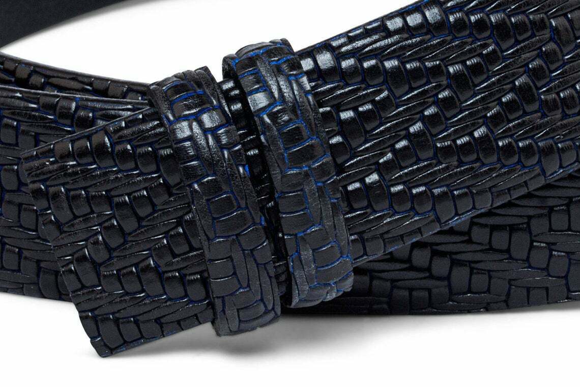 Luxury Black Leather Belt Strap For Ferragamo Buckles Woven Embossed Blue 35mm