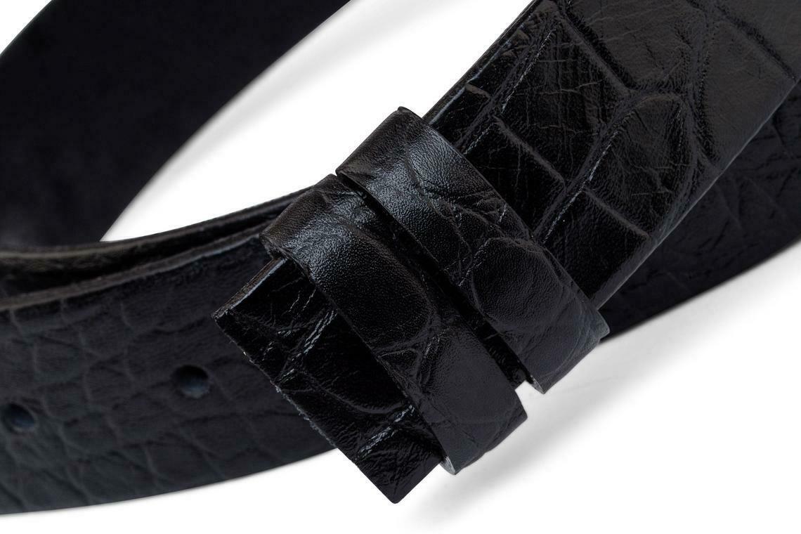 Black Croco Embossed Leather Belt Strap Thin Mens Womens Emboss Italian 1 Inch