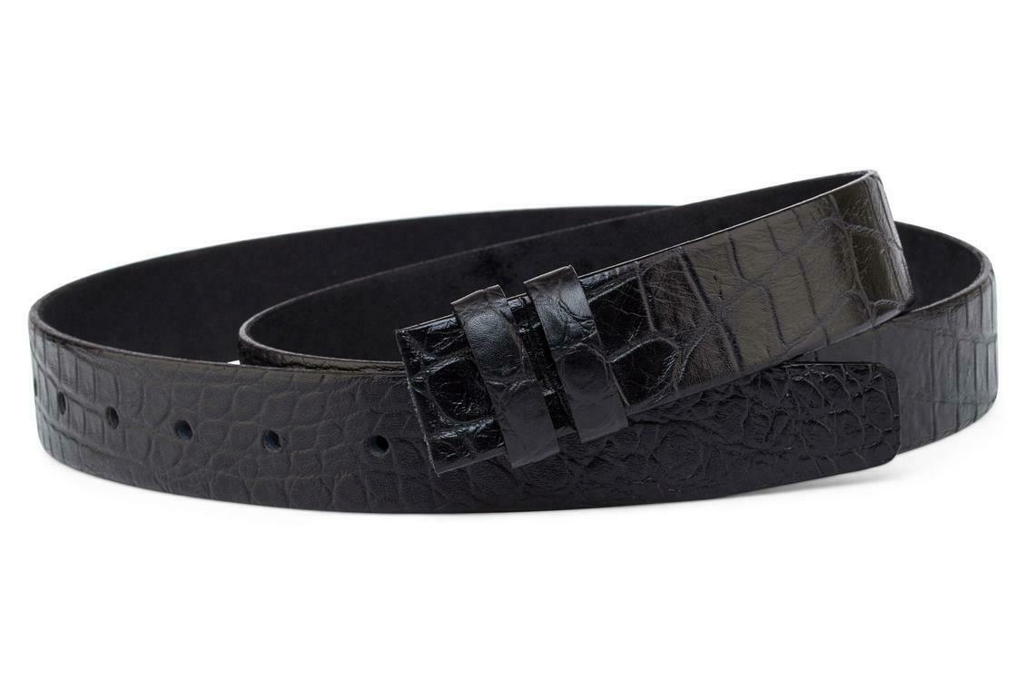 Black Croco Embossed Leather Belt Strap Thin Mens Womens Emboss Italian 1 Inch